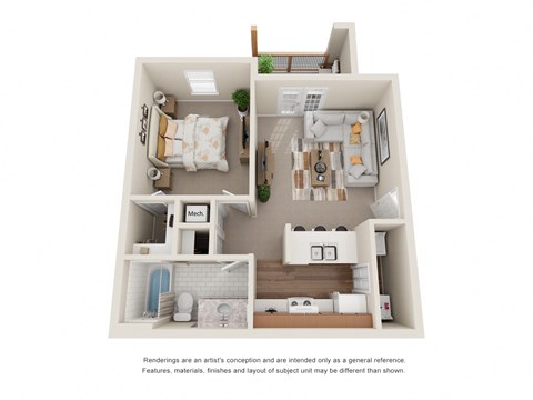 Floor plan for 1 bed, 1 bath, 614 sqft